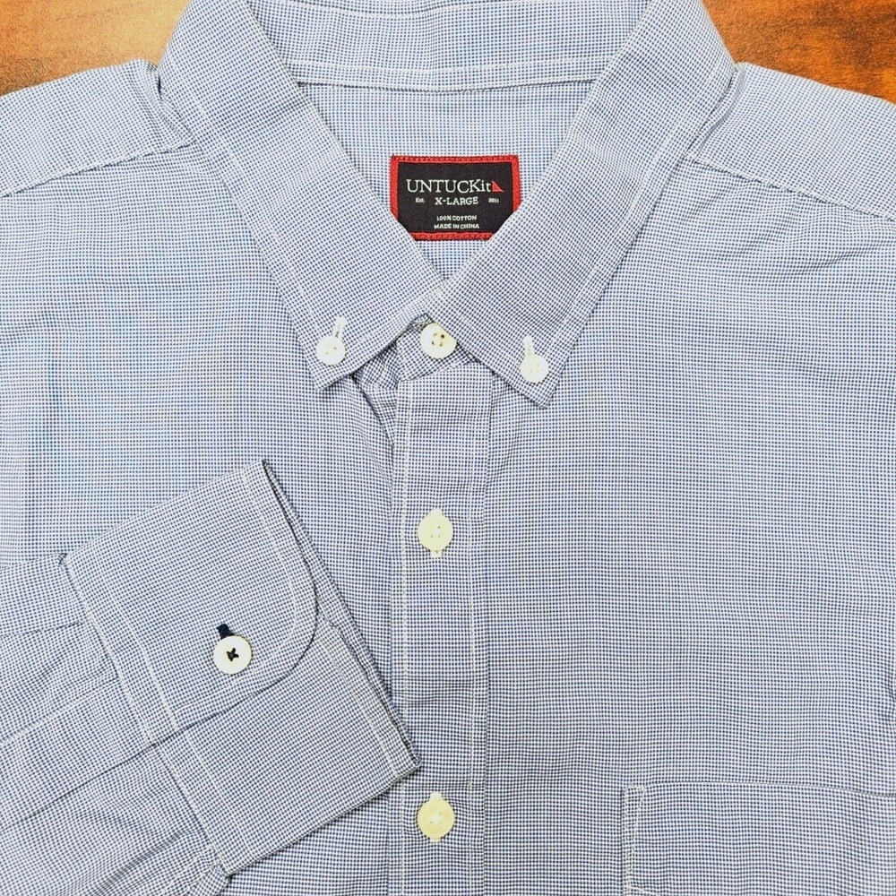 UNTUCKit Button Down Shirt Mens XL Blue White Micro Check Cotton Preppy Office
